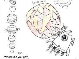 illustration of solar system and rocket ship with addition of imaginary planet called Armusus