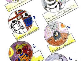 6 step illustration of astronaut on the way to Proxima Centauri b with imaginative narration