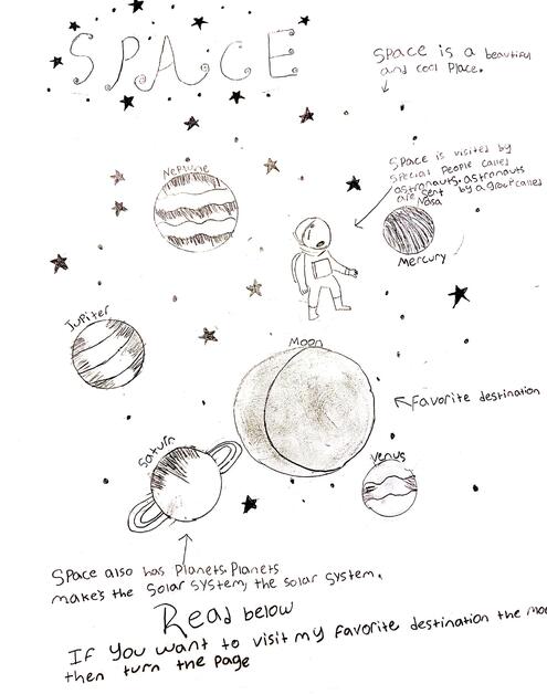 drawing of astronaut in space with planets and the moon and narrative about visiting