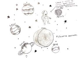 drawing of astronaut in space with planets and the moon and narrative about visiting