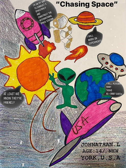 colorful illustration called "Chasing Space" with an alien, a plane, the Sun, a rocket ship, astronauts and the Earth