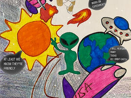 colorful illustration called "Chasing Space" with an alien, a plane, the Sun, a rocket ship, astronauts and the Earth