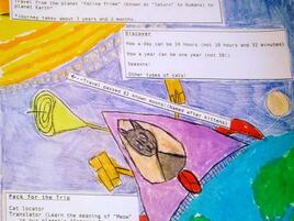 illustration and narrative showing a cat in a rocket ship launching from Earth towards outer space