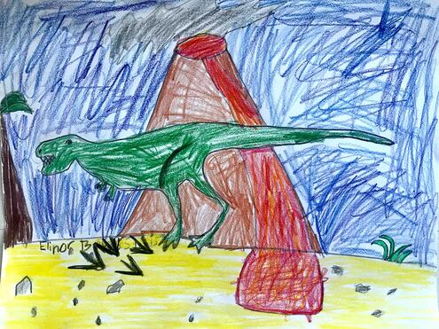 illustration of dinosaur in front of volcano