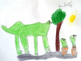 illustration of mother dinosaur with 2 baby dinosaurs