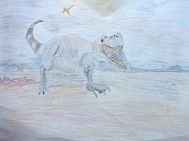 illustration of dinosaur running with open mouth to chomp