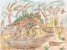 illustration of stegosaurus walking through the woods