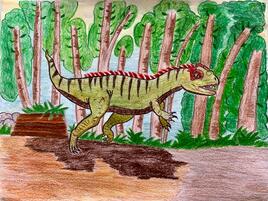 illustration of Allosaurus stomping through the woods