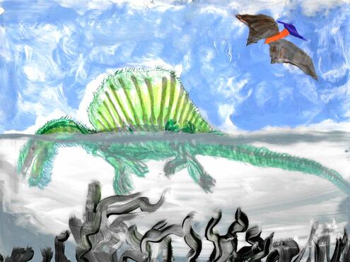 illustration of spinosaurus swimming with pteranodon in the sky above