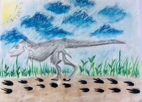 illustration of dinosaur running and leaving tracks