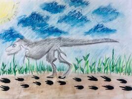 illustration of dinosaur running and leaving tracks