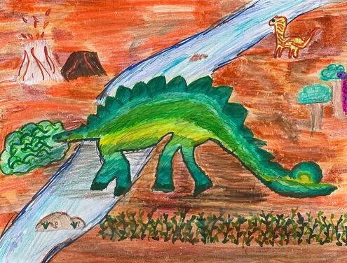 illustration of stegosaurus crossing a river