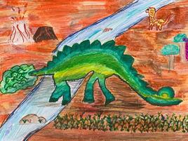 illustration of stegosaurus crossing a river