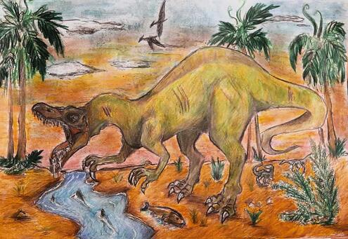 illustration of Baryonyx near a river with trees