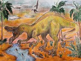 illustration of Baryonyx near a river with trees