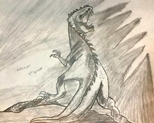 dramatic dinosaur illustration in pencil