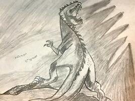 dramatic dinosaur illustration in pencil