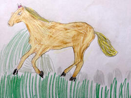 drawing of light brown horse running on grass