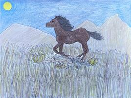 drawing of a Cerbat mustang running with mountains in the distance