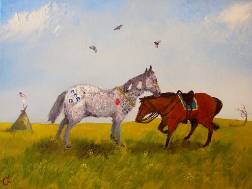 painting of an Appaloosa and Morgan horse in the fields of Idaho in the 1800s