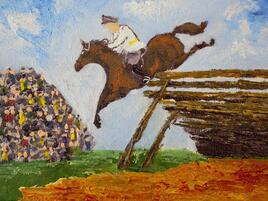 painting of a thoroughbred doing a high jump in competition