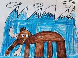 drawing of a woolly mammoth in front of snowcapped mountains