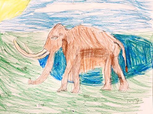 drawing of a woolly mammoth walking in over land