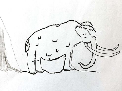 black and white drawing of a woolly mammoth