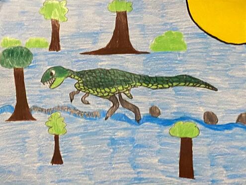drawing of an Allosaurus next to a river