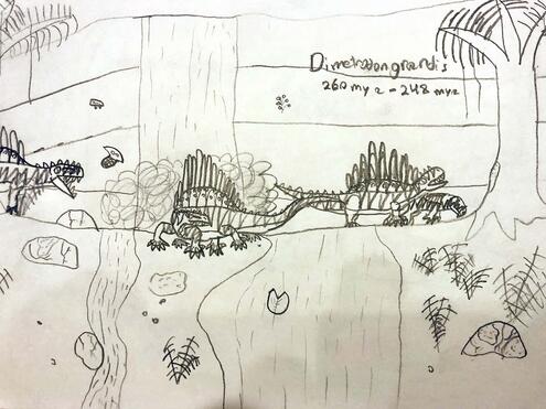 Dimetrodons walking through their ancient environment