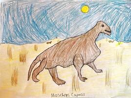drawing of Moschops capensis camouflaged with dry grassland and sand