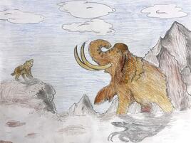 illustration of a woolly mammoth and a saber-toothed tiger outside in a standoff
