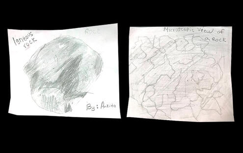 drawing of an igneous rock on the left and the same rock on the right under magnification