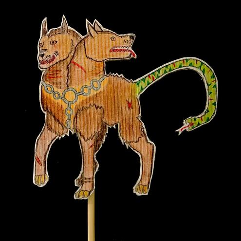 illustrated puppet of two-headed, serpent-tailed dog