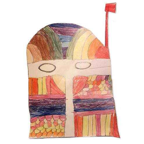 hand drawn mask with multicolored stripes and shapes