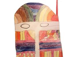 hand drawn mask with multicolored stripes and shapes