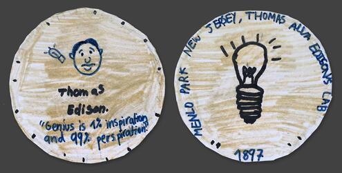 hand drawn coin with Thomas Edison on one side and a light bulb on the other