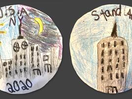 hand drawn coin with date 2020 and skyscraper on one side and the Empire State Building on the other with words Stand Tall