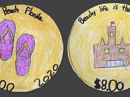 hand drawn coin with flip flops, the year 2020, the value $8 and words Palm Beach Florida on one side. Side two says Beachy Life is the Best Life