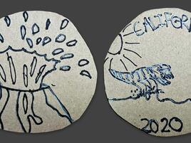 hand drawn coin with volcano exploding on one side and California, a dinosaur and year 2020 on the other side