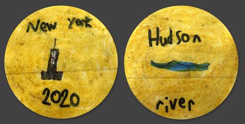 hand drawn coin with year 2020 and words New York on one side and Hudson River on the other