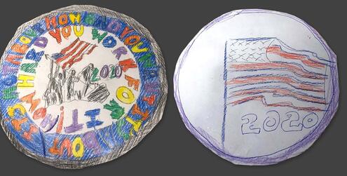 hand drawn coin with motto and year 2020 on one side and American flag on the other