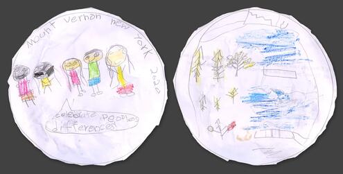 hand drawn coin with drawing of kids and words Mount Vernon New York 2020, and a nature scene on the back side