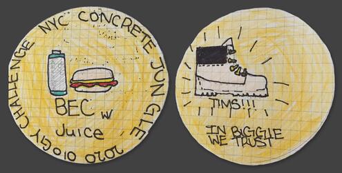 hand drawn coin with bacon egg and cheese drawing and year 2020 on one side and a drawing of Timberland boots on the other side
