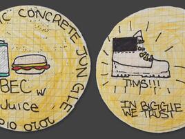 hand drawn coin with bacon egg and cheese drawing and year 2020 on one side and a drawing of Timberland boots on the other side