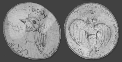 hand drawn coin design with a bird, word Libirdy, and date 2020 on one side and eagle drawing on the other side