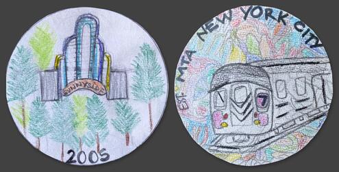 hand drawn coin with date 2005 and deco building that says Sunnyside on one side and an MTA New York City train on the other side