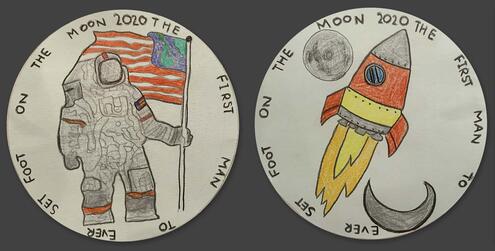 hand drawn coin with an astronaut on one side and rocket ship on the other