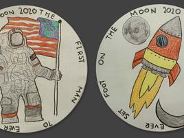 hand drawn coin with an astronaut on one side and rocket ship on the other
