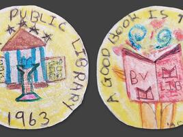 hand drawn coin with Burbank Public Library and year 1963 on one side and a book on the other with motto